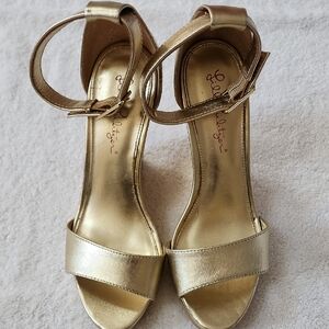 Lilly Pulitzer Gold Foil Cork Wedge Sandals Size 7 Preowed